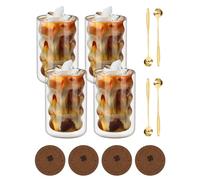 Latte Macchiato Set di bicchieri con 4 cucchiai e 4 sottobicchieri, 350 ml, a doppia parete, in vetro borosilicato come latte macchiato, calici termici, a doppia parete, sicuri e resistenti al calore