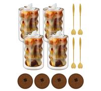 Latte Macchiato Set di bicchieri per caffe, 4 bicchieri, 4 cucchiai e 4 sottobicchieri, 350 ml, a doppia parete, in vetro borosilicato, calici termici, sicuri e resistenti al calore