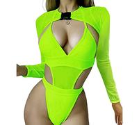 Laughhe 2 pezzi da Donna Rave Abiti Neon Body Crop Top, Bikini da Donna Rave Outfits, Lunga Costumi da Bagno Mesh Shrug con Fibbia per Festival Club Party (L)