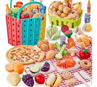 LAUGIGLE Set di 86 pezzi di cibo in paglia di grano per bambini, cibo per cucina giocattolo con 2 cestini e coperta da picnic, pizza realistica da tagliare, lattine di generi alimentari, accessori per