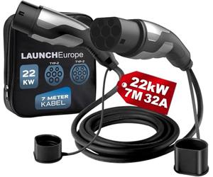 Launch Cavo Ricarica Auto Elettrica Tipo 2, 22KW/7M/32A/3 Fase, Cavo Tipo 2 con Borsa per E Auto EV/PHEV Tipo 2 a Tipo 2 Mode 3 Cavo di Ricarica per T-Mode/E-Golf-Veicoli di Serie, Certificato TÜV