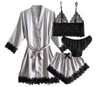 Laura in - Completo di Pigiama di Seta Raso da Donna con Pizzo. 4 Pezzi, Cappotto, Top Bralette, Slip e Pantaloncini. Elegante e Liscia. Abbinamento Vario per Ogni Occasione.GrigioS1107