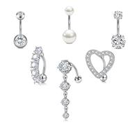 LAURITAMI 6 pezzi 14G Piercing Ombelico Argento Set, chirurgico in acciaio ombelico Piercing anello cuore inverso ombelico Piercing CZ Pearl Diamond Navel Piercing gioielli per le donne uomini