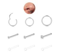 LAURITAMI 9 Pezzi 316L Piercing Naso Argento, 20G Acciaio Chirurgico & Trasparente Piercing Naso,Cerchio 6 mm 8 mm 10 mm,Gioielli per Nasale Trago Cartilagine Orecchini Labbro Donna Uomo