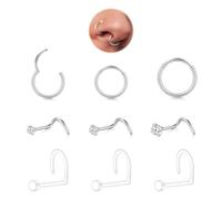 LAURITAMI 9 Pezzi 316L Piercing Naso Argento, 20G Acciaio Chirurgico & Trasparente Piercing Naso,Cerchio 6 mm 8 mm 10 mm,Gioielli per Nasale Trago Cartilagine Orecchini Labbro Donna Uomo