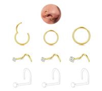LAURITAMI 9 Pezzi 316L Piercing Naso Oro, 20G Acciaio Chirurgico & Trasparente Piercing Naso,Cerchio 6 mm 8 mm 10 mm,Gioielli per Nasale Trago Cartilagine Orecchini Labbro Donna Uomo