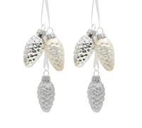 Lauschaer - Set di 2 decorazioni per albero di Natale, in vetro di cancro Lauscha, con 3 pigne in argento con nastro in tessuto da 6 cm, lucido, opaco, scintillante.