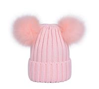 LAUSONS Berretti invernali da donna cappelli in maglia berretto a coste con doppio pompon in pelliccia sintetica rimovibile Rose