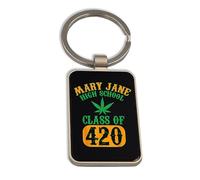 Lauthings Mary Jane Class of 420 Funny Weed, portachiavi in acciaio, portachiavi in vetro nero, etichetta