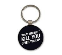 Lauthings Portachiavi divertente con scritta in lingua inglese "What Don't Kill You gives you XP", design circolare in vetro nero, personalizzato, portachiavi in acciaio