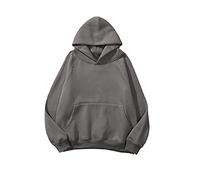 Lauweion Donne Solido Di Base In Pile Lettera Allentato Felpa Con Cappuccio Manica Lunga Tasca Canguro Goccia Spalla Pullover Top, Grigio tinta unita., Large