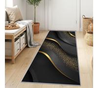 Lavabile Astratto Geometrico 3D Ondulato Blocchi di Colore 40 x 120 cm | Tappeto da cucina morbido e facile da pulire, colore nero e oro, con stampa antiscivolo per corridoio, salotto