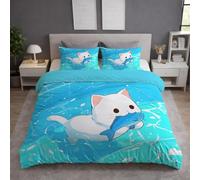 Lavabile in lavatrice Blu Bianco Cartoon Letto completo Carino Gatto Morbidezza Anti grinze Microfibra per camera da letto e soggiorno Duvet Cover 240 x 220 cm