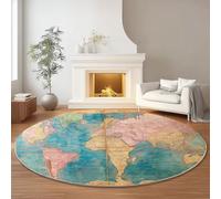 Lavabile Tappeto Rotondo 120 cm a Pelo Corto Antiscivolo, Vintage Mappa Continenti Stampa Tappetino Rotondo per Soggiorno Camera da Letto Casa Ufficio, Blu Giallo Non è Facile Sbiadire