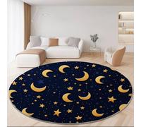 Lavabile Tappeto Rotondo 150cm, Antiscivolo Pelo Corto Semplice Tappeti Carino Stelle Luna Morbida Tappeto Stampato Adatto per Soggiorno Camera da Letto e Ufficio Blu Navy