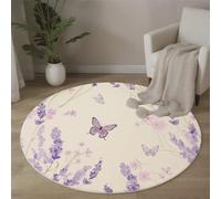 Lavabile Tappeto Rotondo 60cm Antiscivolo Sottile Viola Chiaro Tappeto a Cerchio Salotto Cameretta Soggiorno Stile Pastorale Romantico Farfalle Nei Campi Di Lavanda Stampato Tappeti di Zona