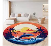 Lavabile Tappeto Rotondo Blu Arancione per Soggiorno Camera Da Letto, Isola Tropicale Onde Dell'Oceano Delfini Tema Morbido Flanella Tappeto rotondo per Al Chiuso Decorare, Antiscivolo Tappeti 150 cm