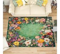 Lavabile Tappeto Soggiorno Pelo Corto Design Moderno, Ghirlanda di Fiori Colorati Tappeto Antiscivolo 60x90 cm, Verde Smeraldo Soffice e Morbido Cameretta Carpet Salotto Cucina Decorazioni