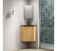 Lavabo angolare montato a parete in resina integrata, mobile triangolare in compensato, cerniere Soft-Close, struttura premontata, mobili da bagno salvaspazio, porta portaoggetti (naturale, 38 cm)