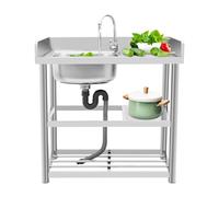Lavabo autoportante con rubinetto e mobiletto, 90 x 50 x 80 cm, mobile utility, in acciaio inox, girevole a 360°, lavello industriale in acciaio inox per esterni (lavabo link)