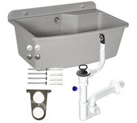 Lavabo con sifone e beccuccio, in plastica, colore grigio granito, lunghezza 61 cm, da appendere, installazione in acqua, cucina, bagno, robusto