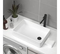 Lavabo da Appoggio in Ceramica con Troppopieno, Lavello Rettangolare Moderno con Scarichi Laterali e Scarico Pop-up per Bagno e WC degli Ospiti