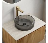Lavabo da appoggio rotondo in cristallo, parete esterna scanalata, elegante lavabo sul lavabo del bagno, superficie facile da pulire, scarico pop-up senza troppopieno (nero)