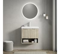 Lavabo da bagno a parete, lavabo rettangolare integrato in ceramica lucida, frontale in legno massello senza maniglie, doppia porta spazio più ripiano aperto, cerniere Soft Close (rovere color crema