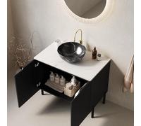 Lavabo da bagno autoportante con ciotola nera con motivo in pietra, piano di lavoro in pietra carrara sinterizzata bianca, armadio a righe con doppia ante, nero (nero-1)