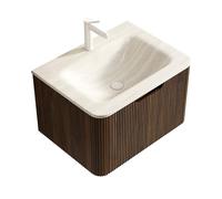 Lavabo da bagno montato a parete con travertino Roma sinterizzato in pietra sinterizzata a caldo, in compensato a righe con cassetto soft close, premontato (Walness, 60 cm)
