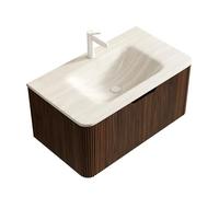Lavabo da bagno montato a parete con travertino Roma sinterizzato in pietra sinterizzata a caldo, in compensato a righe con cassetto soft close, premontato (Walness, 80 cm)