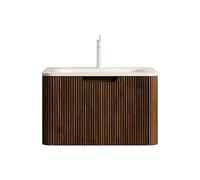 Lavabo da bagno montato a parete, Roma Travertino, in pietra sinterizzata, con venature naturali del legno, frontale in compensato scanalato, cassetto LED Soft-Close (Walness, 60 cm)