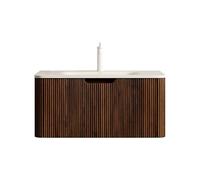 Lavabo da bagno montato a parete, Roma Travertino, in pietra sinterizzata, con venature naturali del legno, frontale in compensato scanalato, cassetto LED Soft-Close (Walness, 80 cm)