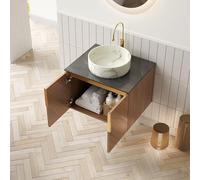 Lavabo da parete da 61 cm, con bacino rotondo in ceramica bianca effetto pietra, piastra sinterizzata nera, doppia porta in compensato con venature del legno espresso (nero, espresso, bianco, 61 x 50