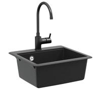 Lavabo nero, 470 x 440 mm, in granito, rettangolare, antigraffio, resistente al calore, con sifone e sgocciolatoio, per cucina, giardino, officina