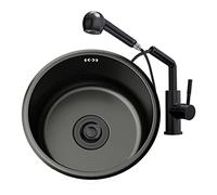 lavabo rotondo Lavello cucina 1 vasca portare rubinetto lavello Lavello acciaio Rubinetto cucina con doccetta estraibile Flusso d'acqua regolabile(Colore: nero, 30 cm)