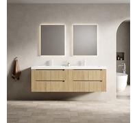 Lavabo sospeso per mobili da bagno doppio, piano di lavoro in pietra artificiale integrato, lavelli sottopiano a filo, frontali scanalati, in compensato massiccio, quattro cassetti soft close