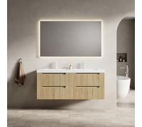 Lavabo sospeso per mobili da bagno doppio, piano di lavoro in pietra artificiale integrato, lavelli sottopiano a filo, frontali scanalati, in compensato massiccio, quattro cassetti soft close