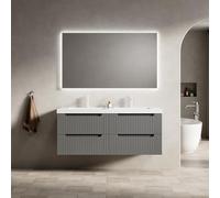Lavabo sospeso per mobili da bagno doppio, piano di lavoro in pietra artificiale integrato, lavelli sottopiano a filo, frontali scanalati, in compensato massiccio, quattro cassetti soft close (grigio