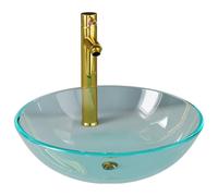Lavabo Vetro Temperato 42 cm Con Rubinetto E Scarico Pop-Up, Trasparente | Ottone e zinco, cartuccia ceramica, acqua calda e fredda, tubi inox inclusi