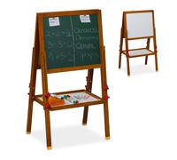 Relaxdays Lavagna per Bambini, Cavalletto, Lavagnetta Bianca Magnetica e Ardesia con Gessetti, 81-104x45x42 cm, Marrone, Legno