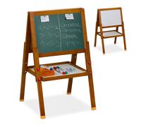 Relaxdays Lavagna per Bambini, Cavalletto, Lavagnetta Bianca Magnetica e Ardesia con Gessetti, 65-77x39x44,5 cm, Marrone, Fibra di Legno