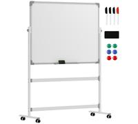 Lavagna Magnetica Bianca A 2 Facce Con Accessori E 4 Ruote, In Alluminio E Acciaio, 127x50x165 cm