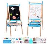 Lavagna per Bambini con Cavalletto Regolabile in Altezza 115-134cm, 3 in 1 Lavagna Magnetica e Bianca in Legno Massello con Rotolo di Carta e Kit 13 Accessori Lifting Drawing Board Bracket