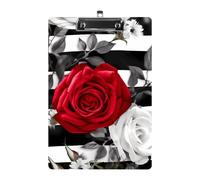 Lavagna portablocco A4 in acrilico a righe bianche e nere con rosa rossa, resistente e liscia con clip in metallo, portatile, montabile a parete, per ufficio, classe, infermieri e insegnanti