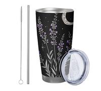 Lavanda con coperchio bicchiere Set di 1 dipinto a mano Luna Fiore Botanico Estetico Artistico Disegni nero bianco Isolato Metallo Can Cooler No Spill Scuola College asilo nido senza stelo Doppia