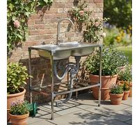 Lavandini autoportanti in acciaio inox 75×40×83 cm Lavello Da Cucina Mobile 2 Vasca Interno e Esterno Lavandino Commerciale con Supporto e Rubinetto,per Lavanderia/Ristorante/Giardino/Garage