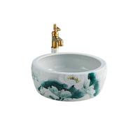 Lavandini da appoggio Lavabo rotondo fatto a mano con motivo a loto, lavabo artistico ceramica spessa for bagno(Bianco)