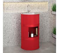 Lavandino a Colonna Moderno in Ferro Battuto, Mobile da Bagno con Lavabo in Acciaio Inox, Lavandino su Piedistallo Freestanding Set con Rubinetto e Scarico (con contenitore,Rosso)