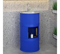 Lavandino a Colonna Moderno in Ferro Battuto, Mobile da Bagno con Lavabo in Acciaio Inox, Lavandino su Piedistallo Freestanding Set con Rubinetto e Scarico (con contenitore,Blu)